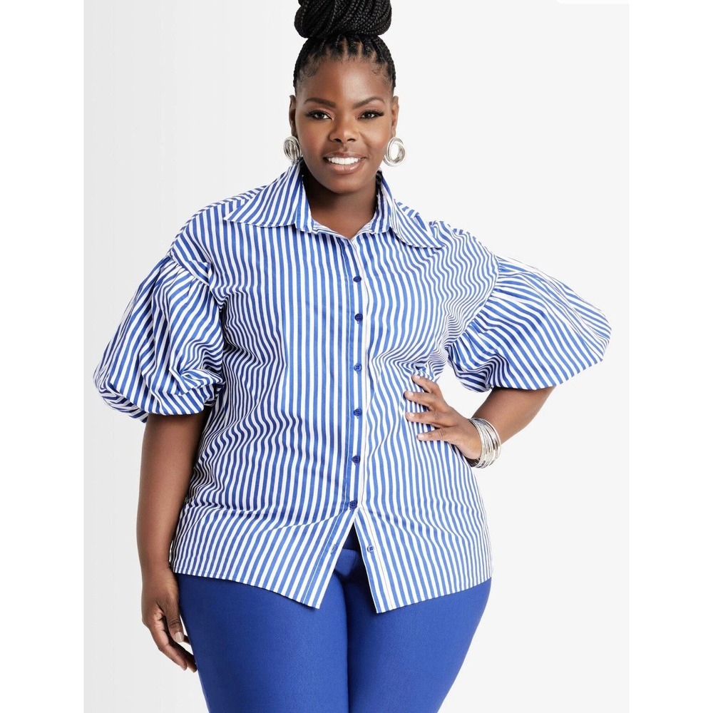 Ashley Stewart Blue White Striped Balloon Sleeve Button Down Shirt Size 22 NWT